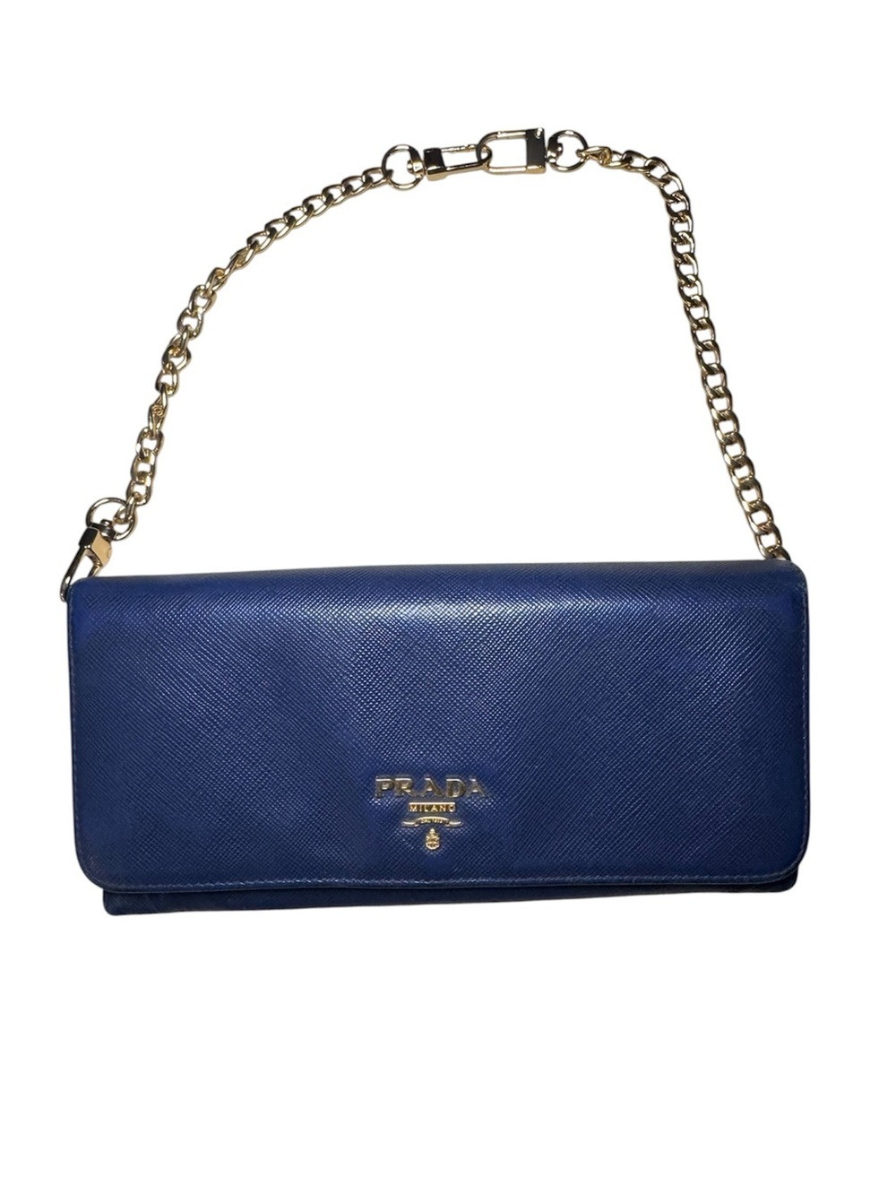 Prada Navy Textured Saffiano Leather Wallet with Bonus Chain